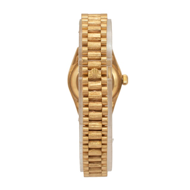 Metal Ladies Vintage Rolex Datejust 26mm 69278 18k Gold Bark Black President Watch For Sale - Image 7 of 11