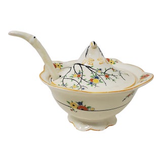 Vintage 1930s Woods Ivory Ware Sauce or Gravy Bowl With Ladle and Lid For Sale