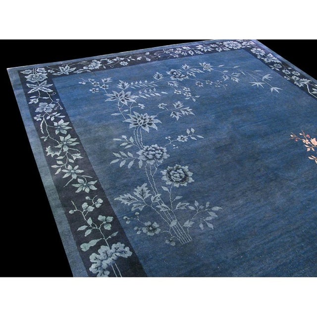 1920s Blue Floral Vase Design Antique Chinese Art Deco Rug 9' X 11'8" Carpet For Sale In New York - Image 6 of 8
