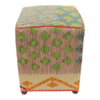 Boho Chic Tribal Hyland Blue/Beige Handmade Kilim Upholstered Ottoman For Sale