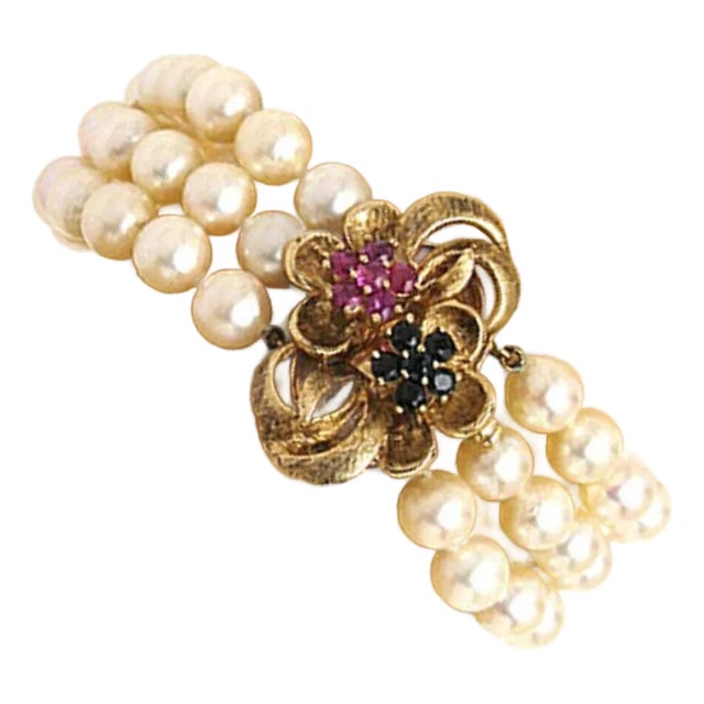 Mid 20th Century Sapphire & Ruby Triple Strand 14k Yellow Gold Pearl Bracelet For Sale