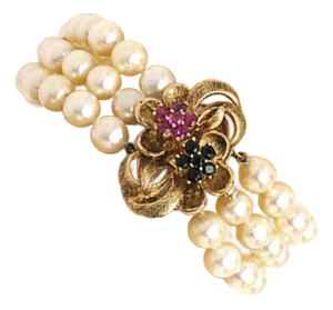Mid 20th Century Sapphire & Ruby Triple Strand 14k Yellow Gold Pearl Bracelet