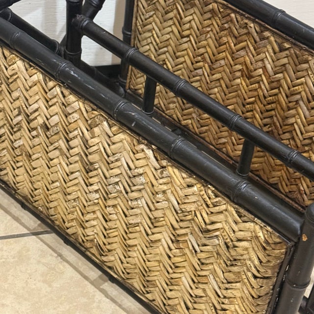1970 Palecek Bamboo Rattan 2 Compartment Magazine Rack With Handle For Sale In Palm Springs - Image 6 of 8