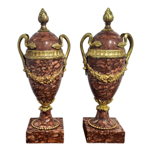 Pair 19th Century Louis XVI Style Royal Rouge Marble and Bronze Cassolette Urns