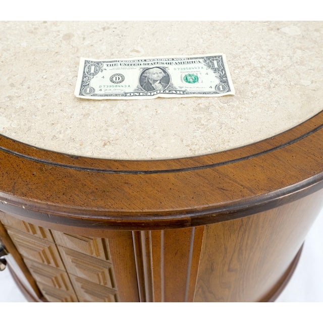 Stone Pair Round Drum Barrel Shape Travertine Top Two Doors End Side Tables Stand Mint For Sale - Image 7 of 13