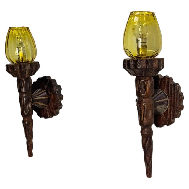 Colored Glass and Pine Sconces, France, 1940, Set of 2 For Sale - Image 10 of 10