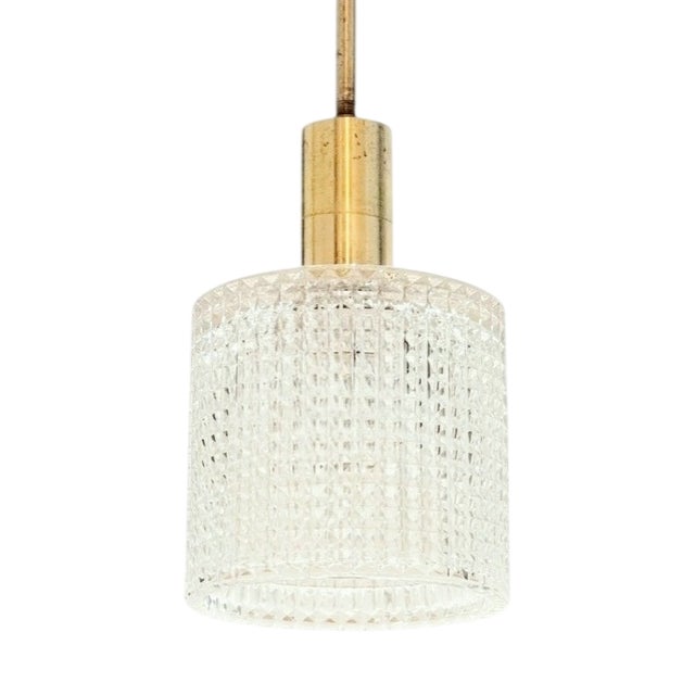 Mid-Century Scandinavian Crystal Glass & Brass Pendant by Carl Fagerlund for Orrefors, Sweden, 1960s For Sale