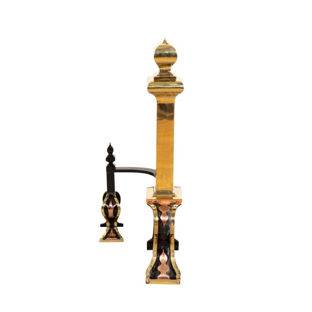 1900 - 1909 Arts & Crafts Brass, Iron and Copper Andirons - A Pair For Sale - Image 5 of 13