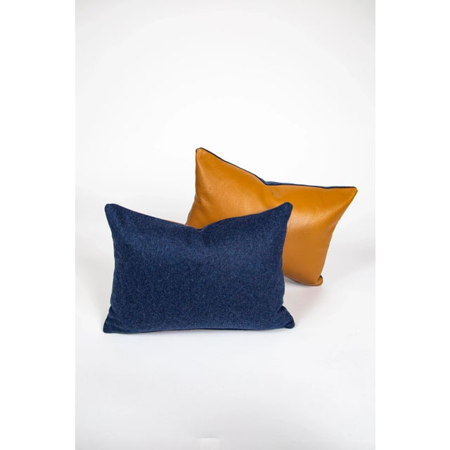 Brown Leather + Blue Felt Pillow For Sale In Raleigh - Image 6 of 7