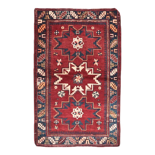 Red & Blue Vintage Caucasian Rug For Sale