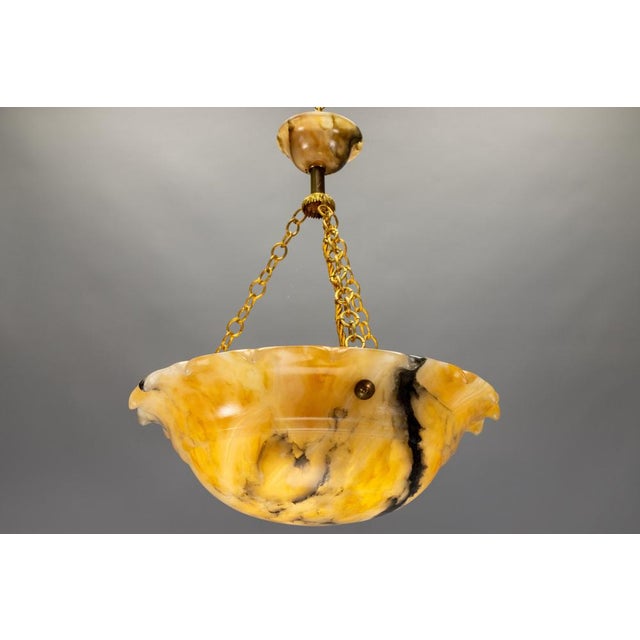 French Art Deco Yellow Alabaster Pendant with Dark Veining & Brass, 1920s For Sale - Image 17 of 18