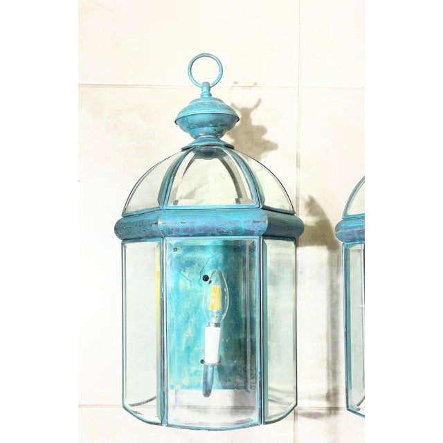 1970s Exquisite Pair of Solid Brass & Verdigris Wall Lanterns For Sale - Image 5 of 17