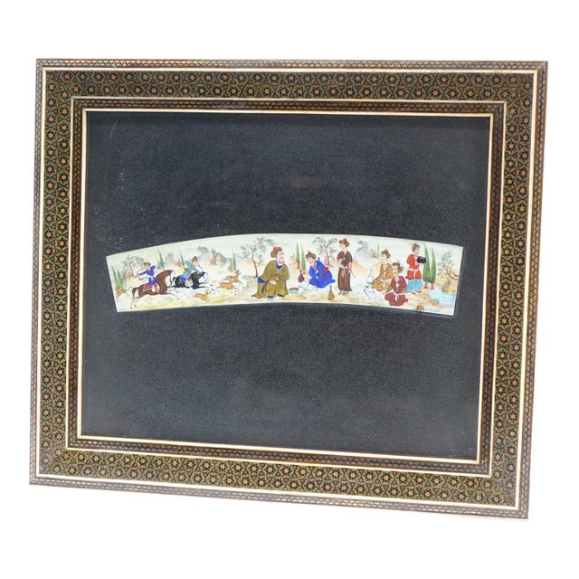 Persian Khatam Frame Inlaid With Artwork Paint on Faux Ivory Signed Original For Sale