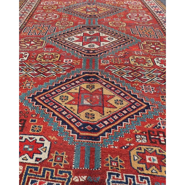 Antique Qashqai Rug With Geometric Motifs in Red, Blue, and Golden Yellow For Sale In Atlanta - Image 6 of 13
