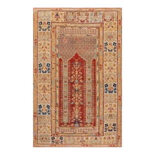 1750s Red Muslim Prayer Geometric AntiqueTurkish Kula Rug 4' 0" X 6' 4" Knotted Wool Carpet For Sale