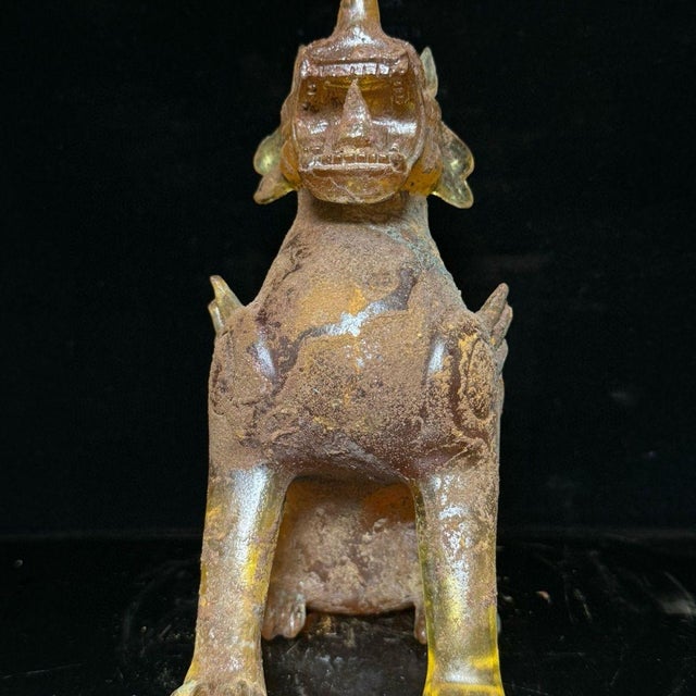 Glass Antique Glass Guardian Lion Sculpture – 7.1" Roaring Mythical Beast With Verdigris Patina For Sale - Image 7 of 9