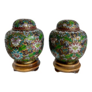 Pair of Petite Asian Cloisonné Enamel Lidded Ginger Jar Vases on Stands For Sale