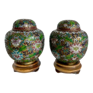 Pair of Petite Asian Cloisonné Enamel Lidded Ginger Jar Vases on Stands
