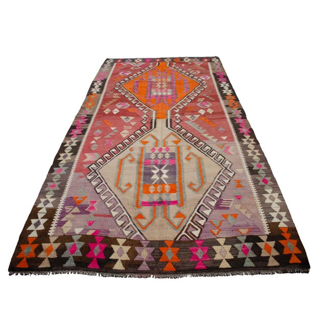 1970s 5x11 Turkish Rug, Handwoven Wool Kilim in Muted Red & Bright Orange, Eastern Anatolian Tribal Art, Rustic Farmhouse Decor For Sale - Image 5 of 16