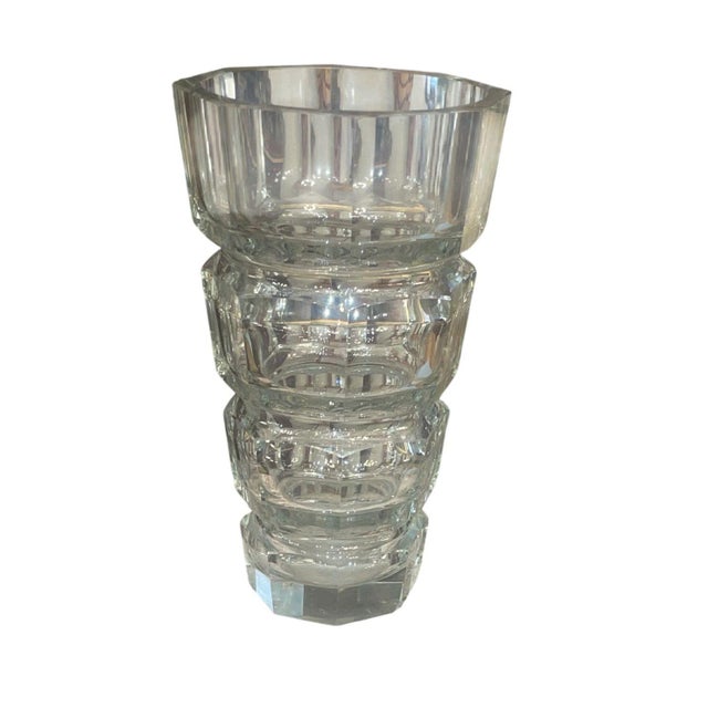 Elegant set of three large 1930's Art Deco cut crystal vases in the manner of Josef Hoffmann for Moser. The group includes...