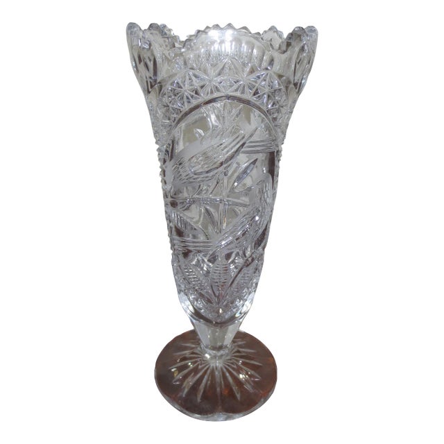 1940's Hofbauer Byrdes Aramis Birds Hand Cut Lead Crystal Vase For Sale