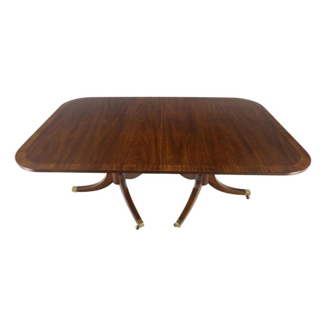 Banded Double Pedestal Tripod Base Mahogany 72" Long Dining Table 2 Leaves MINT For Sale