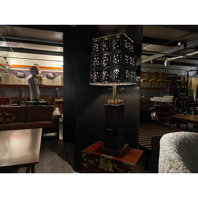 Vintage 1970s Brutalist Torch Cut Table Lamp With Nakashima Style Wood Base For Sale - Image 15 of 15