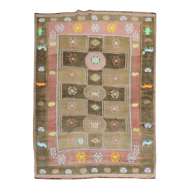 Mid 2 0th Century Whimsical Animal Border Figurative Turkish Rug For Sale