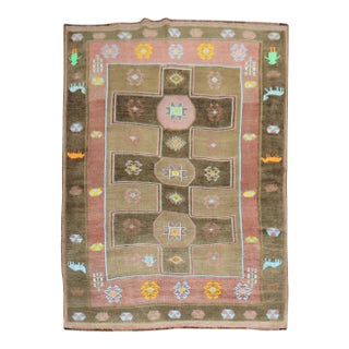 Vintage Mid 2 0th Century Whimsical Animal Border Figurative Turkish Rug - 6'8" x 9'2" For Sale