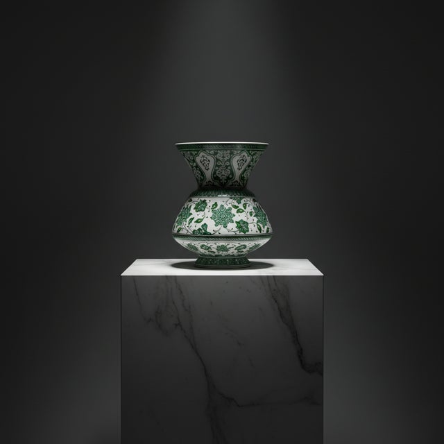 Handmade Ceramic King Vase (30cm) Emerald Green Hatai Pattern Pedestal Form For Sale - Image 10 of 10