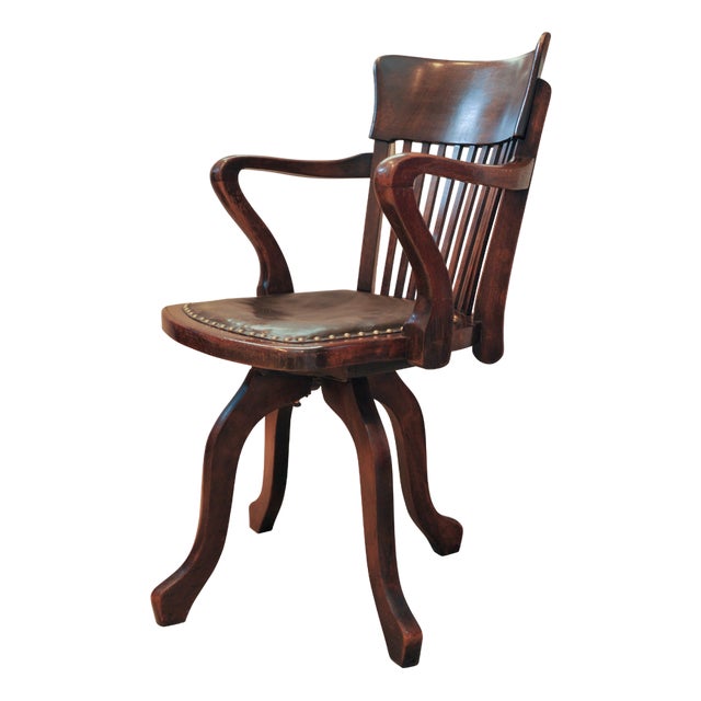 Victorian Revolving Desk Chair in Oak and Leather For Sale