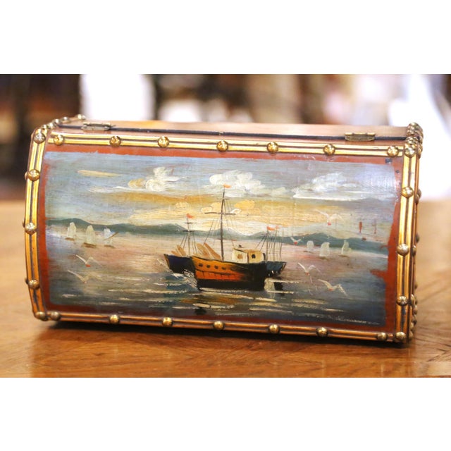 Set of Four Vintage Hand-Painted Wooden Treasure Boxes With Maritime Scenes For Sale - Image 4 of 13