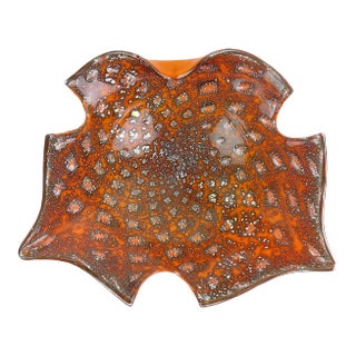 Vintage Murano Orange Silver Flecks Controlled Bubbles Italian Art Glass Butterly Shape Abstract Bowl For Sale