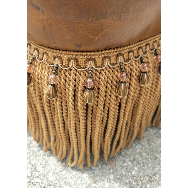 Vintage Genuine Leather Large Ralph Lauren Style Scalloped Camel Ottoman With Bullion Fringe For Sale - Image 11 of 17