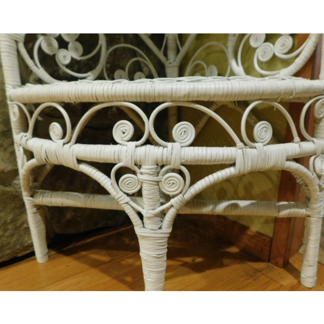 White Vintage 1960s White Wicker & Rattan Corner Étagère – Ornate Heart + Scroll Motif, 3-Tier, 60" H For Sale - Image 8 of 18