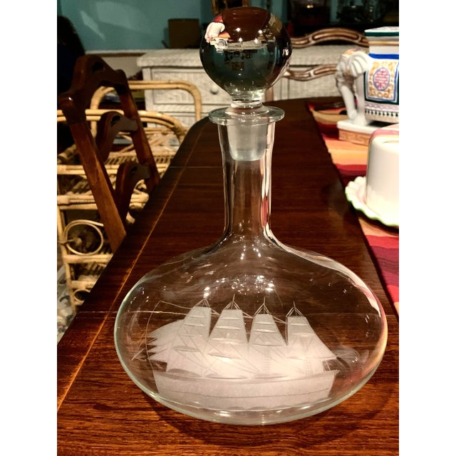 Nautical Etched Glass Clipper Ship Brandy Decanter Set For Sale - Image 4 of 8