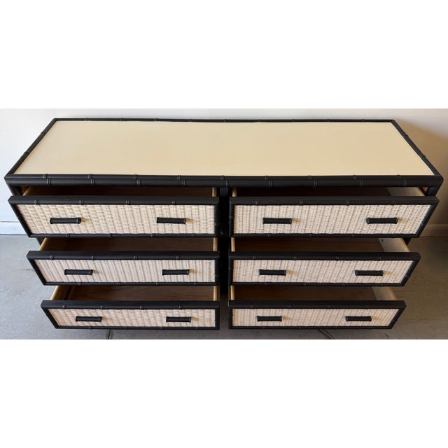 Faux Bamboo & Rattan British Colonial Style 6 Drawer Double Dresser For Sale - Image 4 of 9