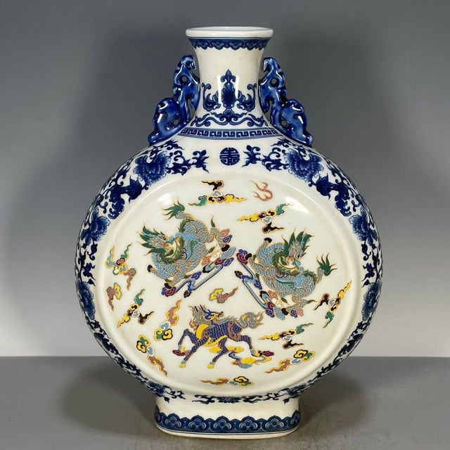 Chinese Chinese Blue & White Famille Rose Porcelain Moon Flask With Mythical Beast Motif For Sale - Image 3 of 9