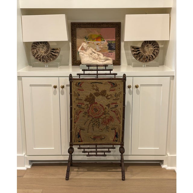 Antique 19th Century Napoleon III Faux Bamboo Fireplace Screen With Floral Needlework Panel For Sale - Image 4 of 18