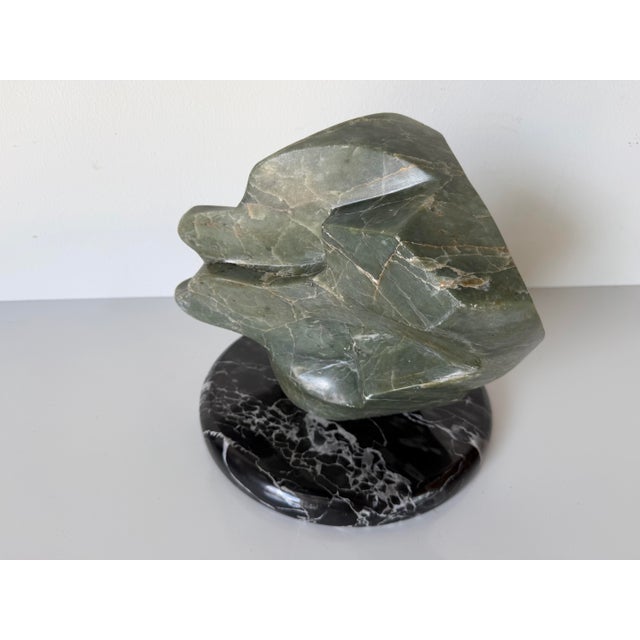 1980’s Vintage Carved Green Marble Abstract Sculpture on Black Marble Base, Unsigned For Sale - Image 4 of 12