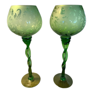 1960s Mid-Century Modern Empoli Italy Hand Blown Pair Green Glass Etched Vases