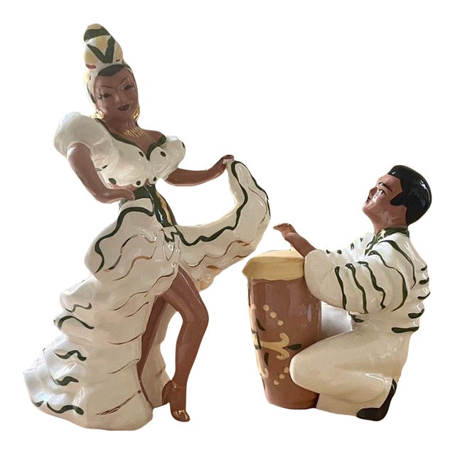 1950s Ceramic Figurines Actress Carmen Miranda with Musician With Conga - Set of 2 For Sale