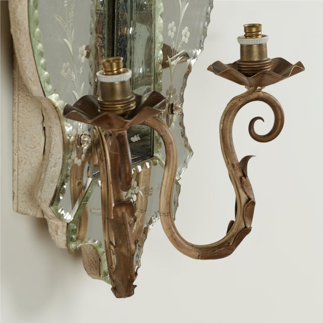 Metal Antique Pair of Italian Mirrored Two Light Wall Sconces For Sale - Image 7 of 12