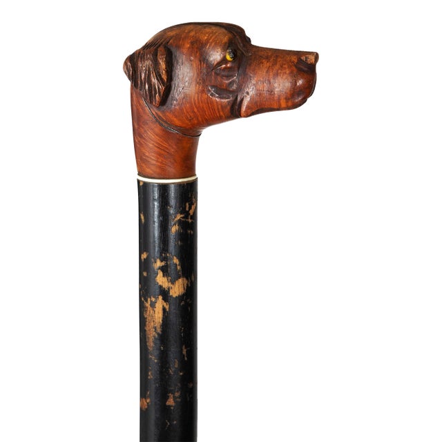 Antique English Carved Folk Art Dog Head Cane Over Ebonized Black Shaft For Sale