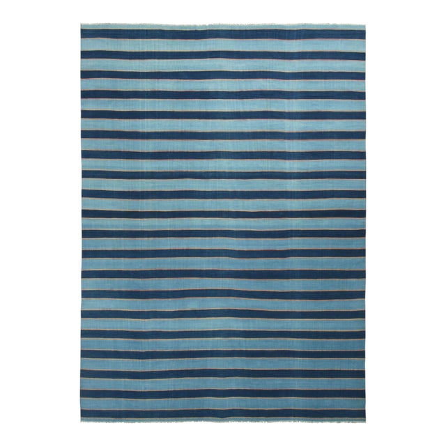 Vintage Dhurrie Rug, Navy and Sky Blue Stripes - Rug & Kilim For Sale