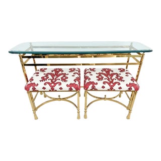 Brass & Glass Console With Pair of Upholstered Benches Stools 3 Pc For Sale