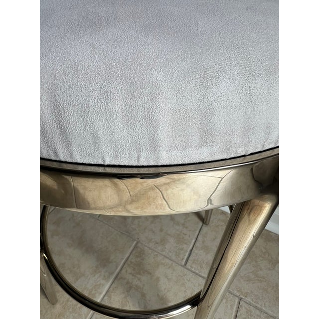 Baker Furniture Minimalist Counter Stool, Polished Nickel Base, Swivel Seat in White Suede - Pair For Sale - Image 17 of 18