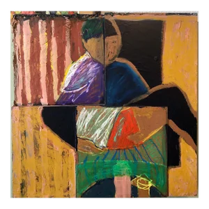 Francie Bishop Good "Shes Watching" Mixed Media Painting Collage Wall Construction FIgural Abstraction, 1991