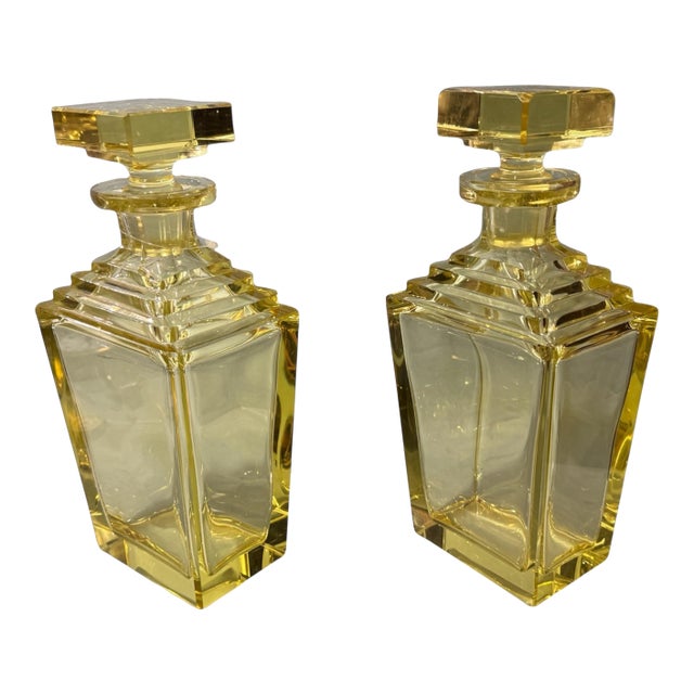 Vintage Retro Art Deco 10" Yellow Glass Decanter Bottles - a Pair For Sale
