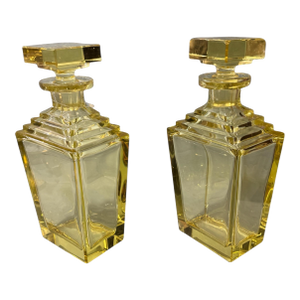 Vintage Retro Art Deco 10" Yellow Glass Decanter Bottles - a Pair